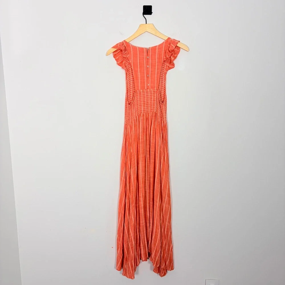 Free People Chambray Butterflies Midi Dress Red Striped Smocked Ruffle Sleeve S